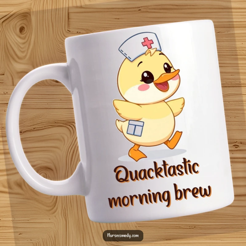 Funny Kawaii Duck Nurse Mug, cartoon character waddling enthusiastically with a bright, wide smile, radiating happiness and care.