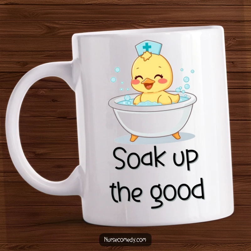 Funny Duckling Nurse Mug: Adorable baby duck doctor splashing happily in a tiny bathtub with lots of bubbles.