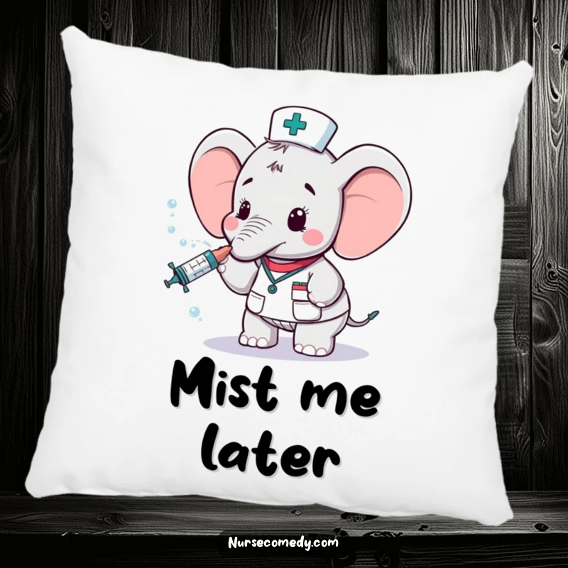 Funny elephant nurse character on a soft pillow, gently spraying water from a syringe, providing comfort and a touch of humor.