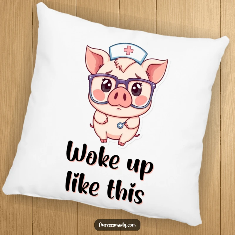 Funny cushion featuring a kawaii pig nurse character with a comically surprised look, her eyes peeking out from behind enormous glasses.