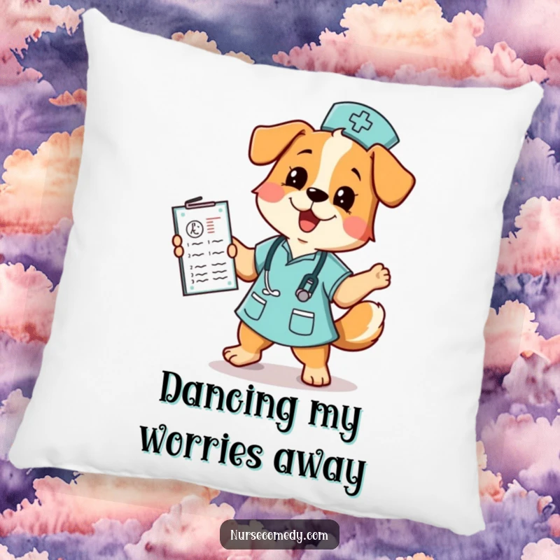 Funny dog nurse pillow with a cute dog in scrubs dancing playfully with a medical chart, offering comfort and cheer.