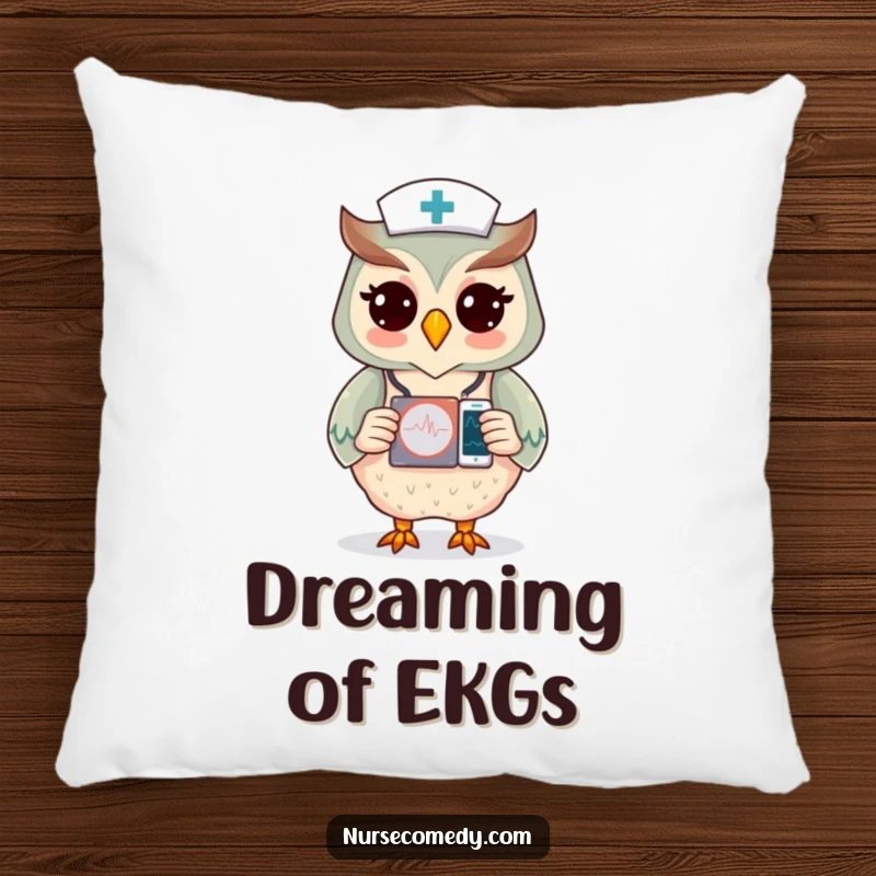 Funny pillow with an owl nurse character checking a heart monitor display, adding humor and comfort.