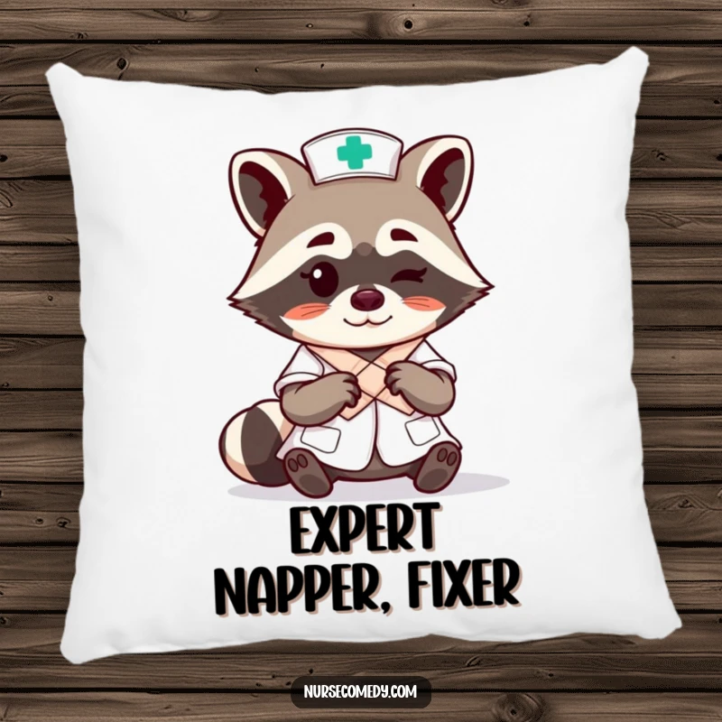 Funny raccoon nurse character expertly tying a bandage with a wink on a soft pillow, ideal for comfort and humor.
