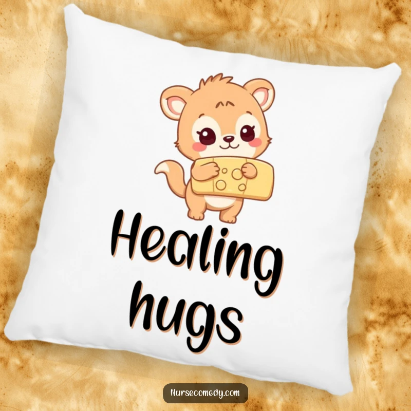 Funny curious animal character examining a large colorful bandage, plush pillow, perfect for comfort and laughs.