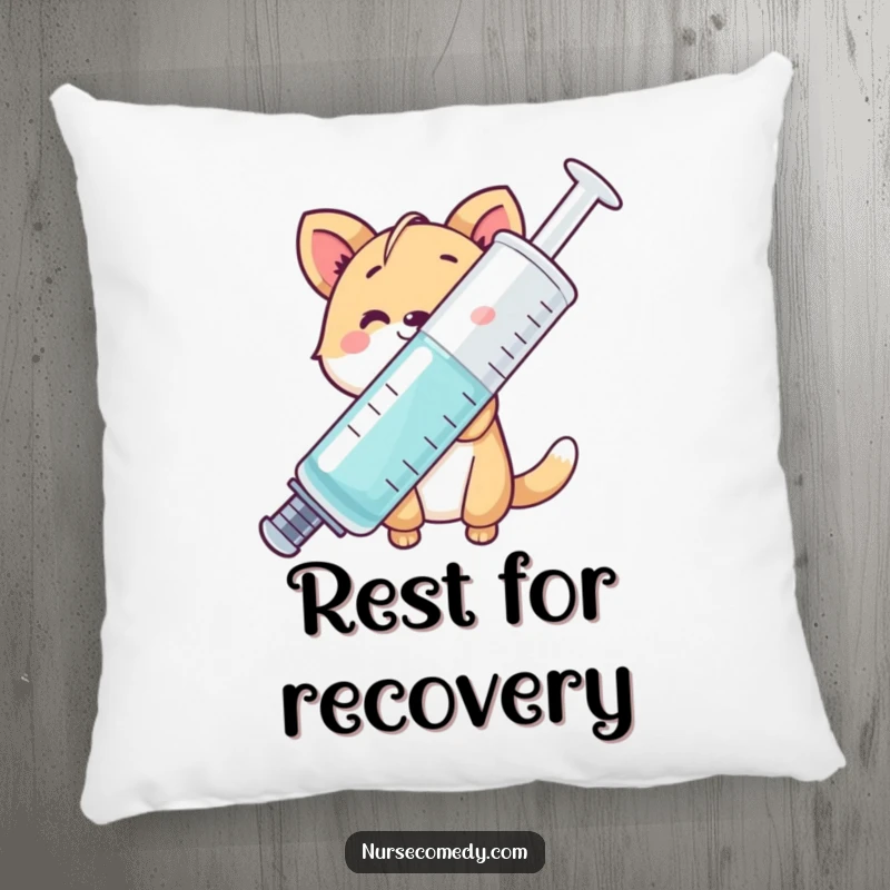 Funny animal character peeking from behind a giant syringe, soft pillow, delightful accent for sofas.