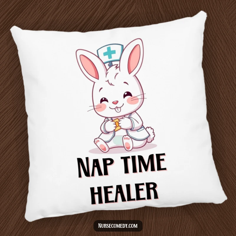 Funny Bunny Nurse Pillow: A charming cartoon bunny nurse is shown tending to a small patient, offering a soft and comforting presence.