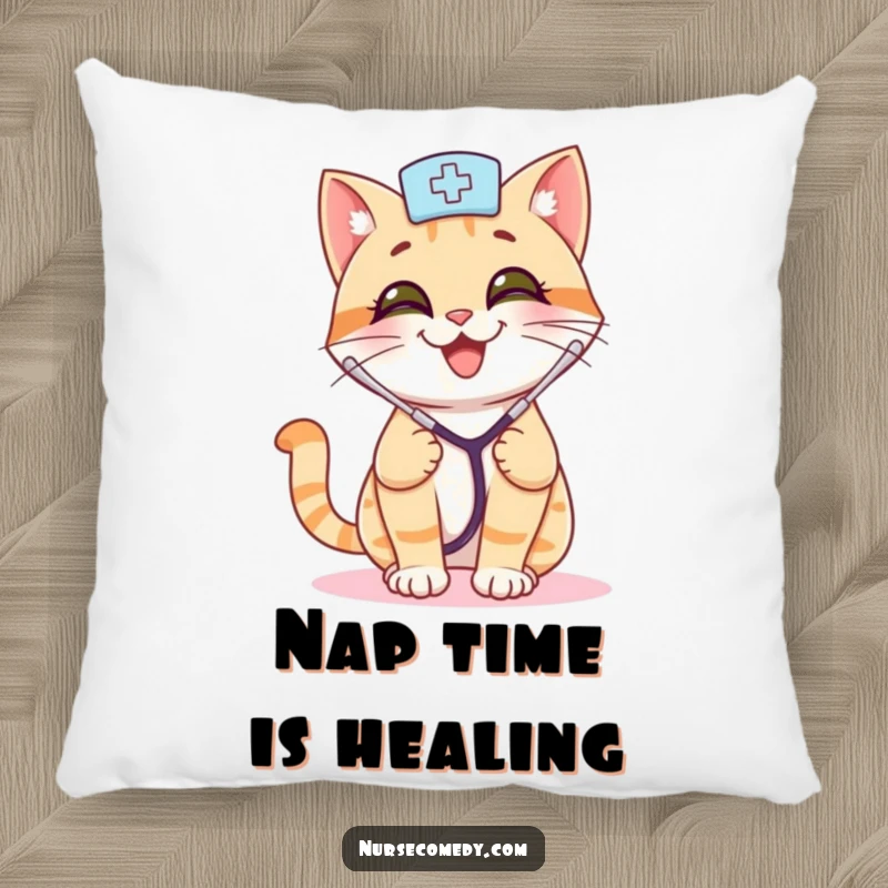 Funny cat nurse pillow with a smiling cat wearing a stethoscope, bouncing playfully, providing soft comfort and a humorous touch.