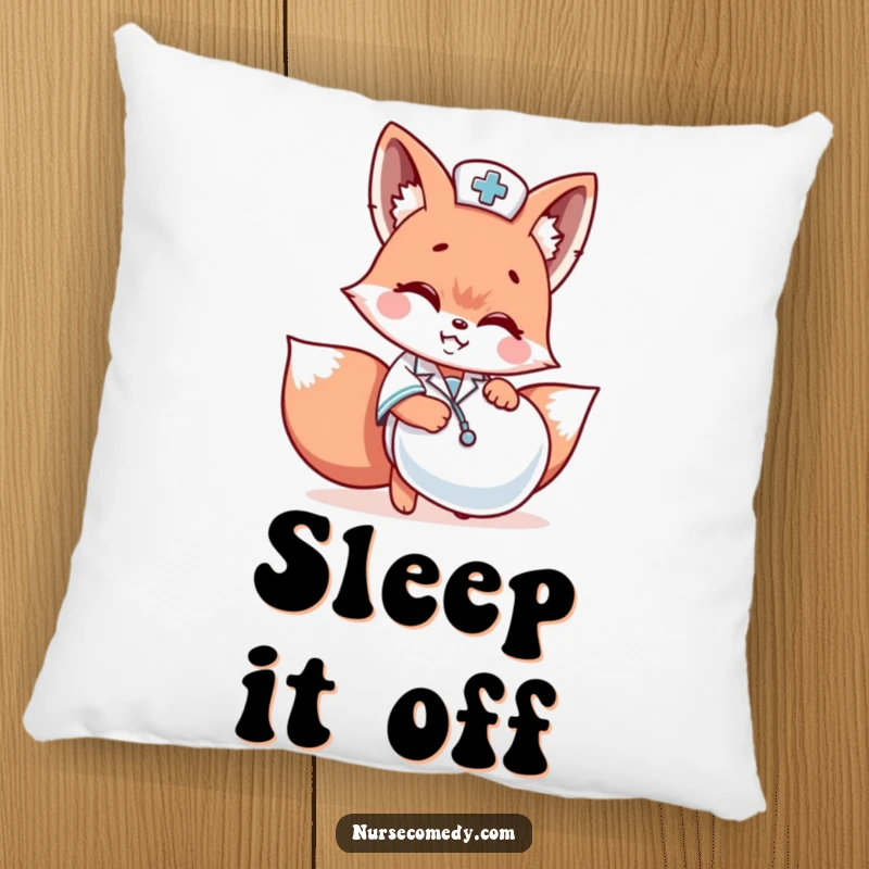 Funny Kawaii fox nurse hiding behind a giant pill capsule, printed on a soft decorative pillow.