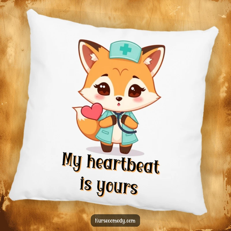 Funny Fox Nurse Pillow featuring a curious fox with a stethoscope and a heart, a soft and humorous gift.