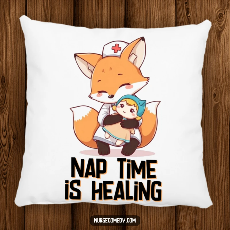Funny fox nurse character giving a comforting hug to a doll on a soft pillow, perfect for lounging and gifting.