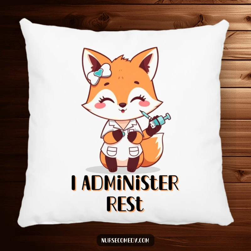Funny fox nurse pillow, a cute character humorously giving a small poke with a tiny syringe, soft funny gift.