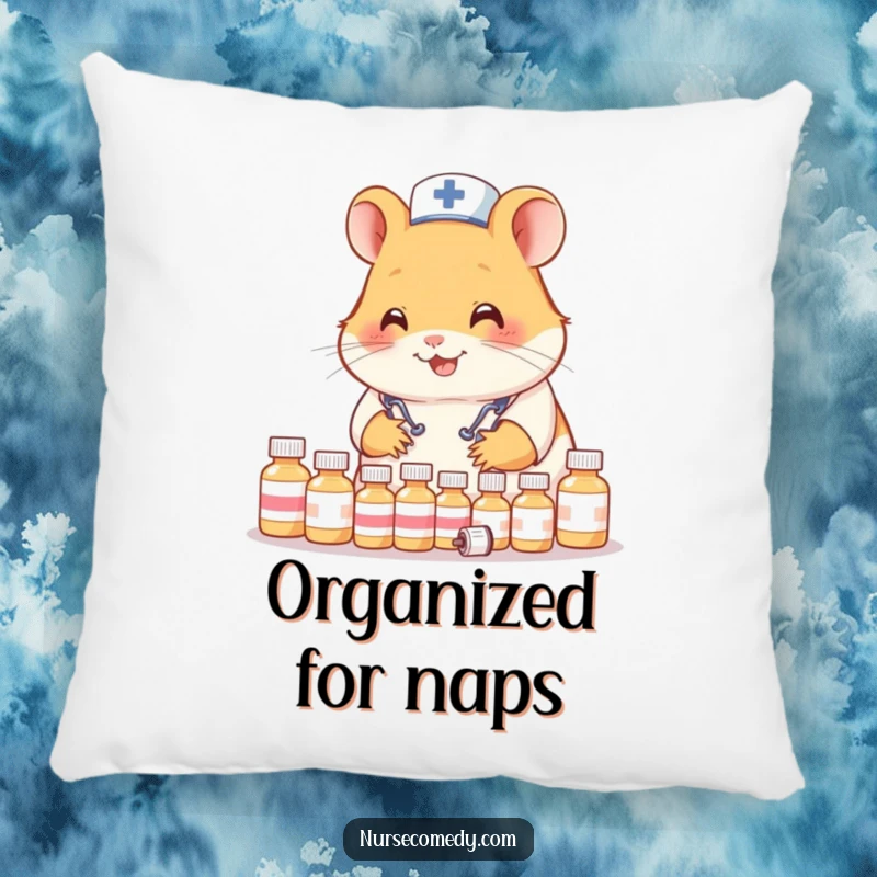 Funny Hamster Nurse Pillow: Soft cushion featuring a happy hamster doctor organizing tiny medical supplies.