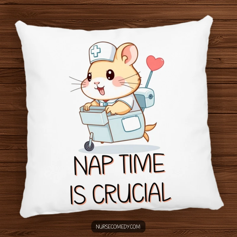 Funny hamster nurse pillow, a hamster in scrubs zipping with a medicine cart, offering plush comfort and a humorous, endearing visual of rapid care.