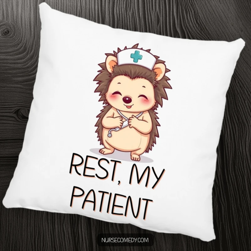 Funny pillow with a hedgehog nurse character bandaging a paw, adding a touch of humor and comfort.