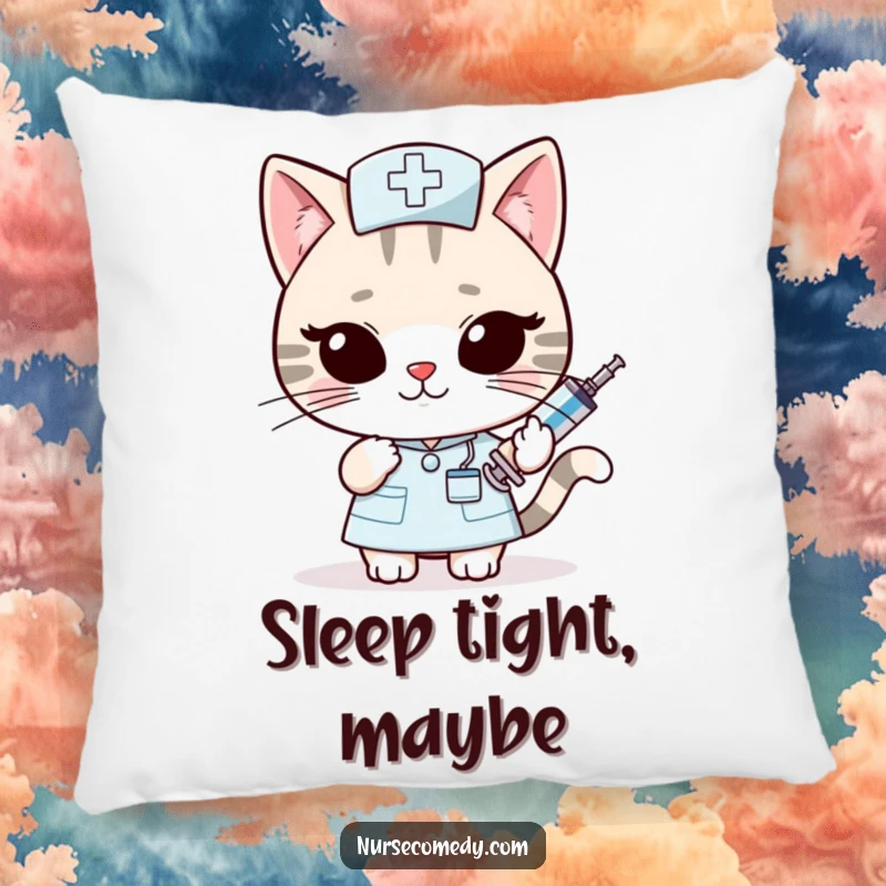 Funny Kawaii Cat Nurse Pillow: Slyly offering an oversized syringe with a wink, a soft, cute, and funny accent. Excellent funny gift.