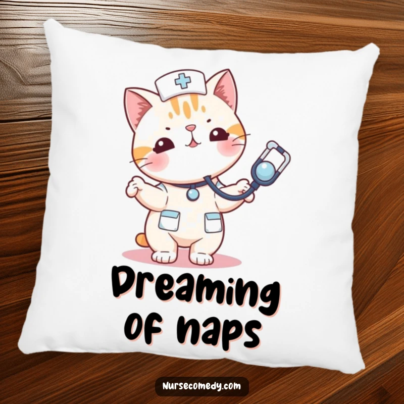Funny kawaii cat nurse pillow playfully tossing a stethoscope like a toy, bringing comfort and feline fun.