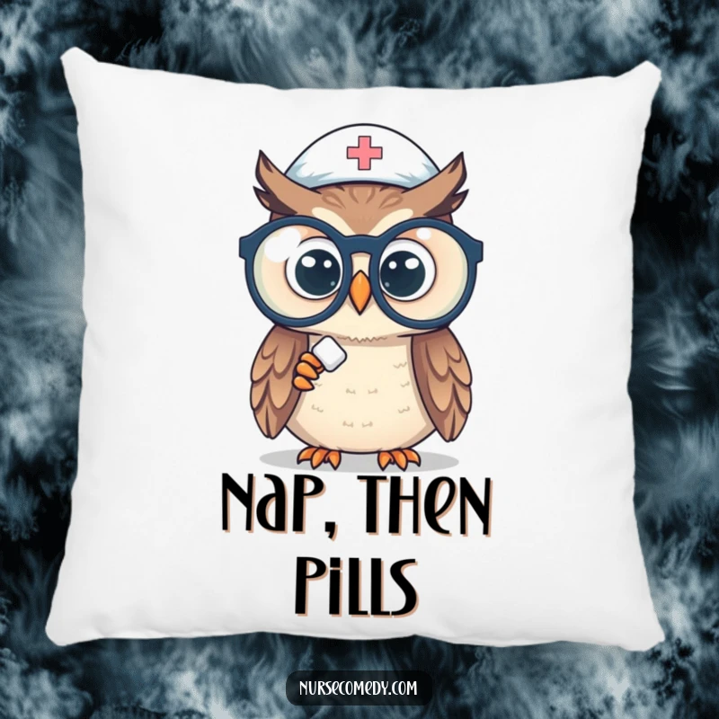 Funny owl nurse pillow featuring a curious owl nurse examining a pill through big spectacles, providing soft, witty comfort.