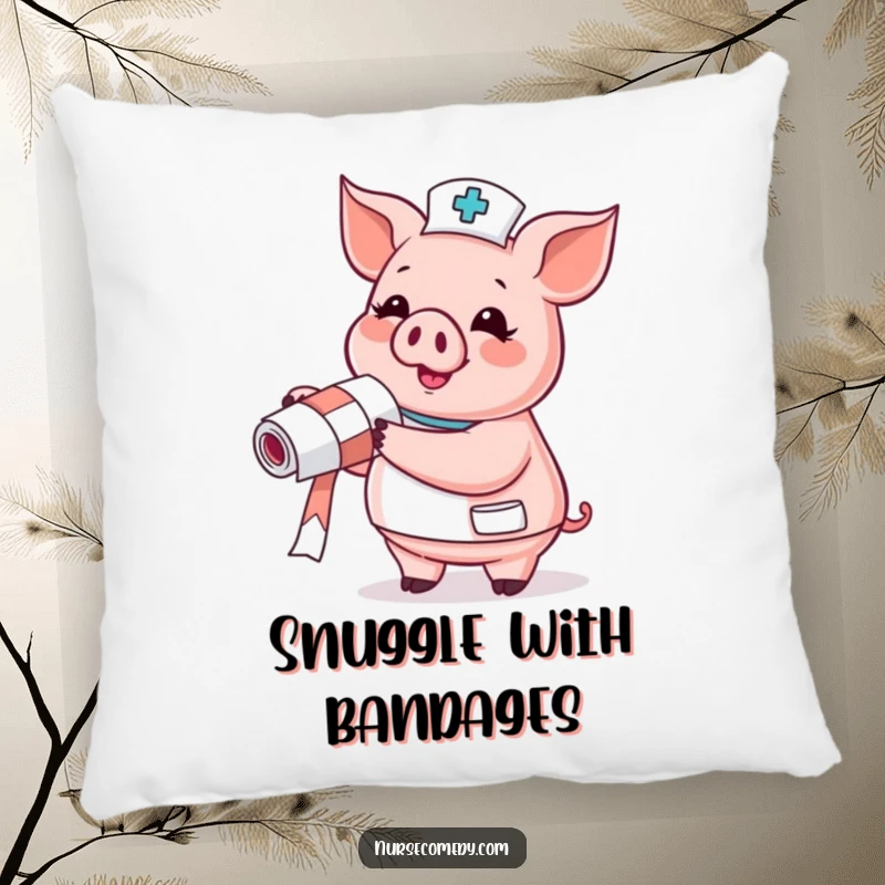 Funny Pig Nurse Pillow featuring a gleeful pig with a bandage roll, a soft and funny gift.
