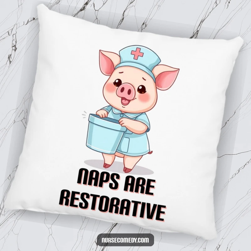Funny pillow with a pig nurse character holding a tiny bedpan and waving, adding humor and comfort.
