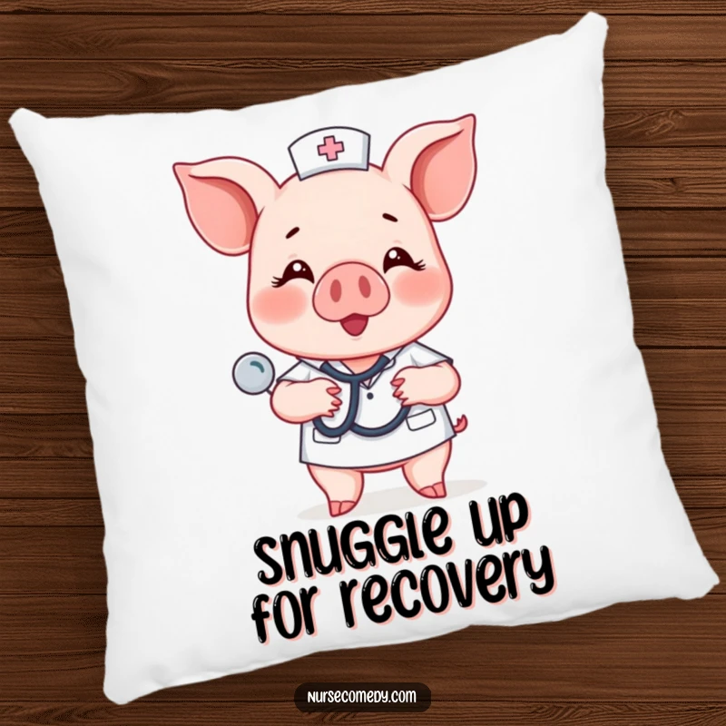 A soft pillow featuring a funny piglet nurse character humorously tapping a stethoscope on a chest.