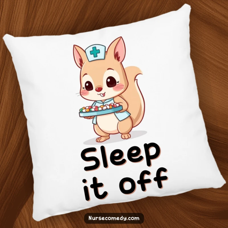Funny pillow with a squirrel nurse character balancing a tray of tiny pills, adding humor and comfort.