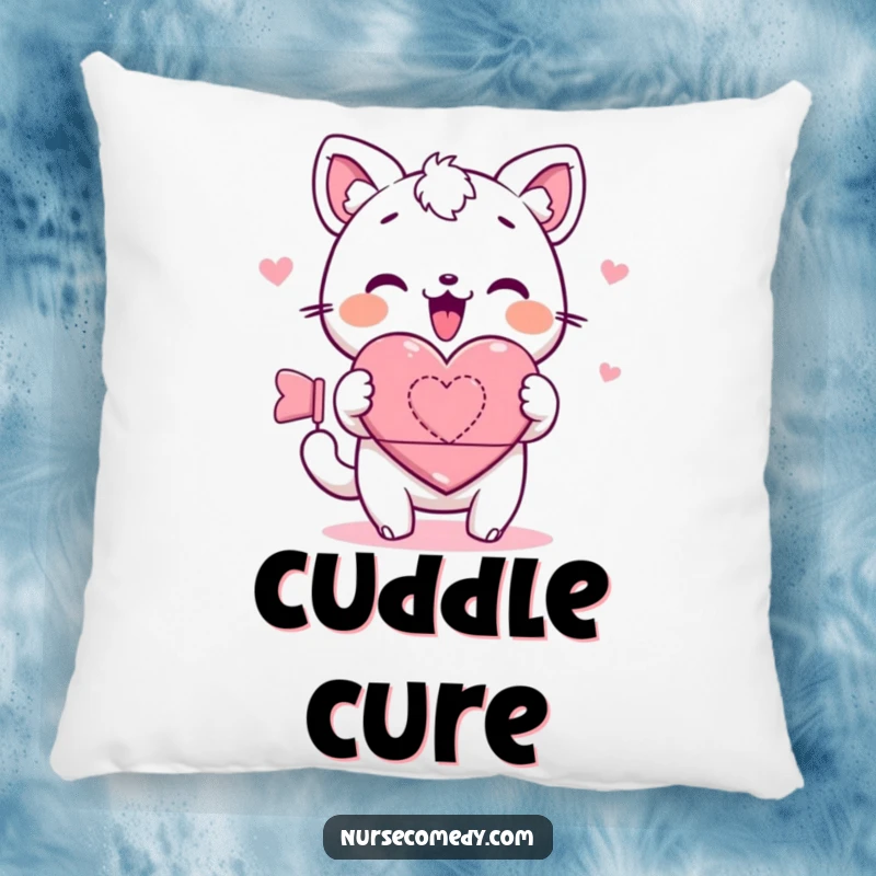 Kawaii pillow showcasing a cute animal character rolling a heart bandage, offering plush comfort and a gentle reminder of care and recovery.