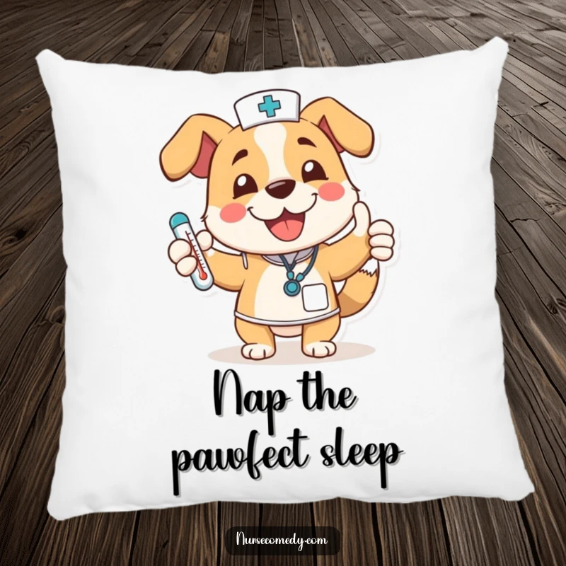 Funny dog nurse character on a soft pillow, wagging tail, thumbs up, thermometer, offering comfort and a humorous touch.