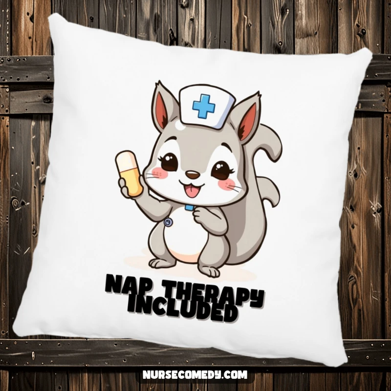 Funny Squirrel Nurse Pillow featuring a cheerful squirrel holding a pill, a soft and funny gift.