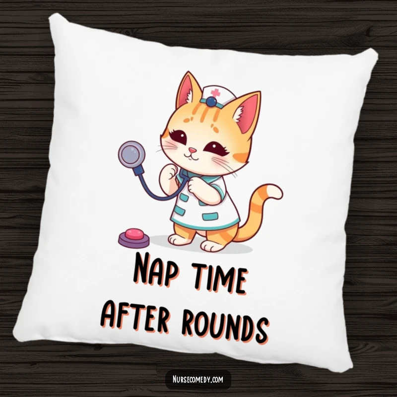 Funny Cat Nurse Pillow featuring a cute cat character in nurse attire, playfully bouncing a stethoscope, offering comfort and humor.