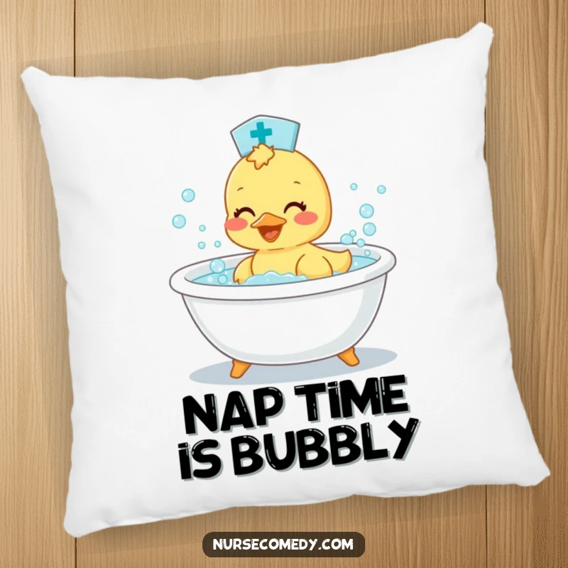 Funny Duckling Nurse Pillow: Soft cushion featuring a cute duckling doctor enjoying a bubbly bath.