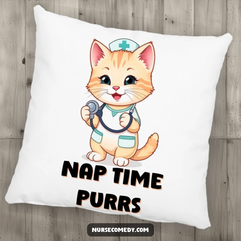 Funny Kitten Nurse Pillow: A cute kitten nurse playfully holds a stethoscope, offering a soft and endearing presence.