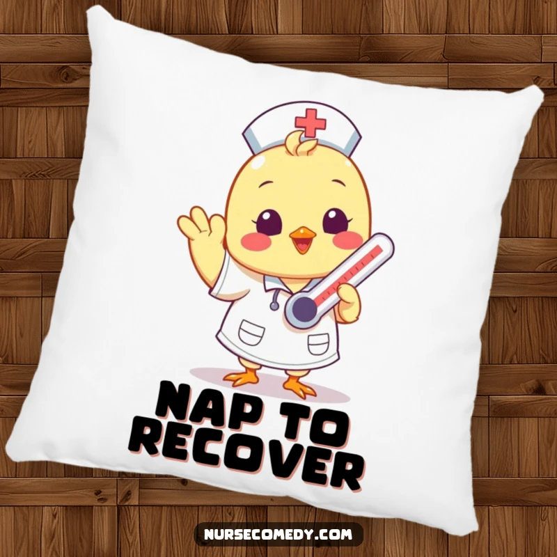 Funny Kawaii chick nurse character waving while balancing a thermometer on a soft decorative pillow.