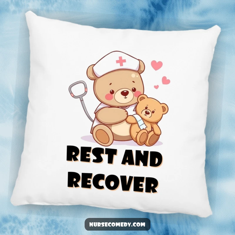 Funny bear nurse pillow with a bear bandaging a teddy bear's limb, providing soft comfort and a humorous touch.