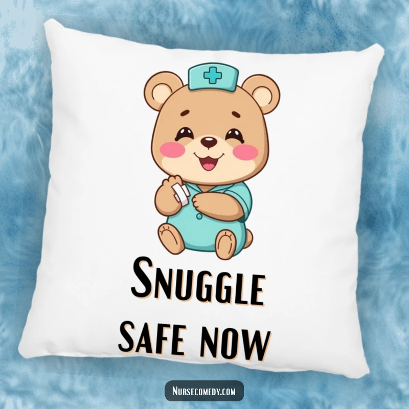 Funny bear nurse pillow, a happy character humorously bandaging a small paw with a big smile, soft funny gift.