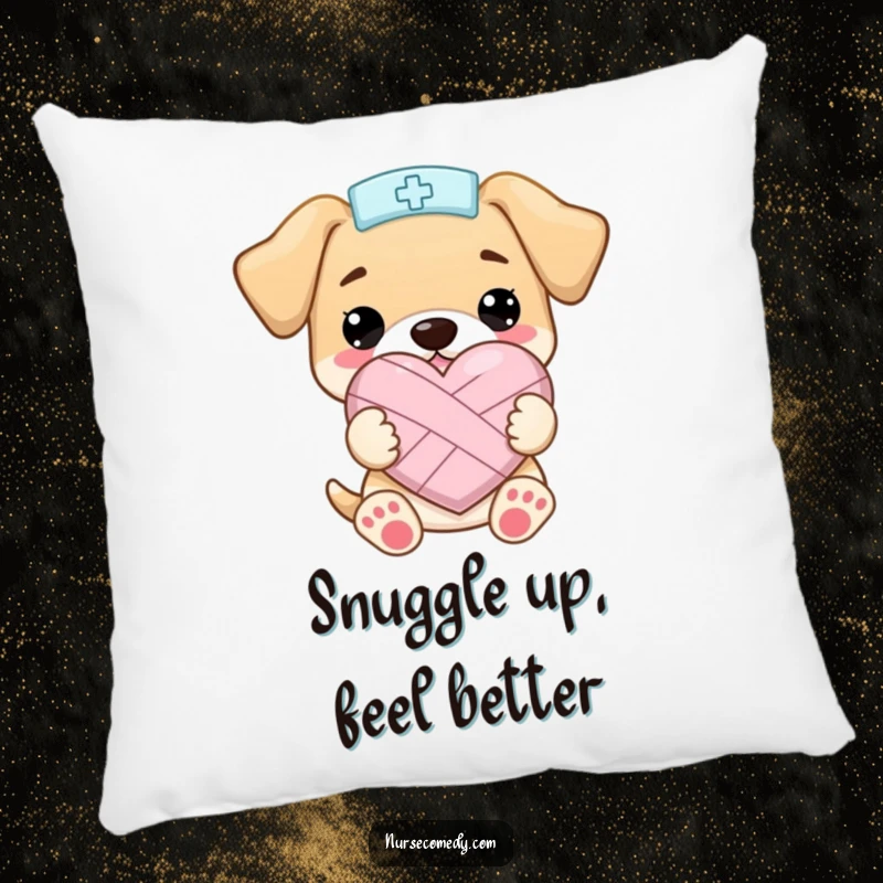 Funny Kawaii Puppy Nurse PillowHolding a Bandaged Heart Shape Happily, Soft and Humorous Decor, Funny Gift