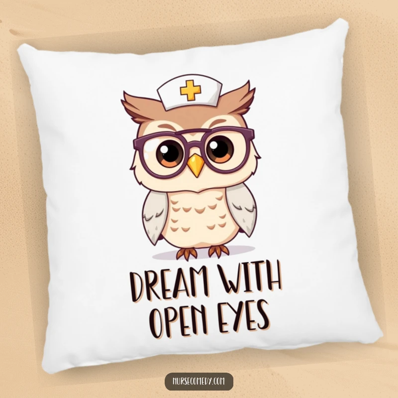 Funny Kawaii Owl Nurse Pillow: A soft cushion featuring a smiling owl nurse with oversized spectacles, perfect for cozying up with intelligent charm.