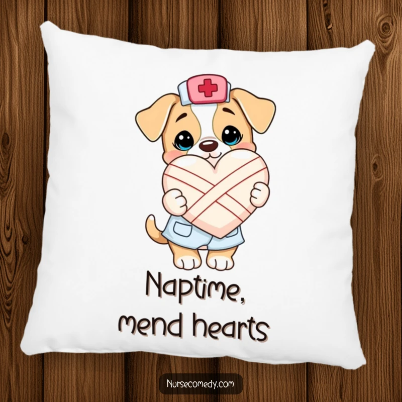 Funny Kawaii Puppy Nurse Pillow: A fluffy cushion displaying a cute puppy nurse character holding a bandaged heart, offering cozy, cheerful vibes.