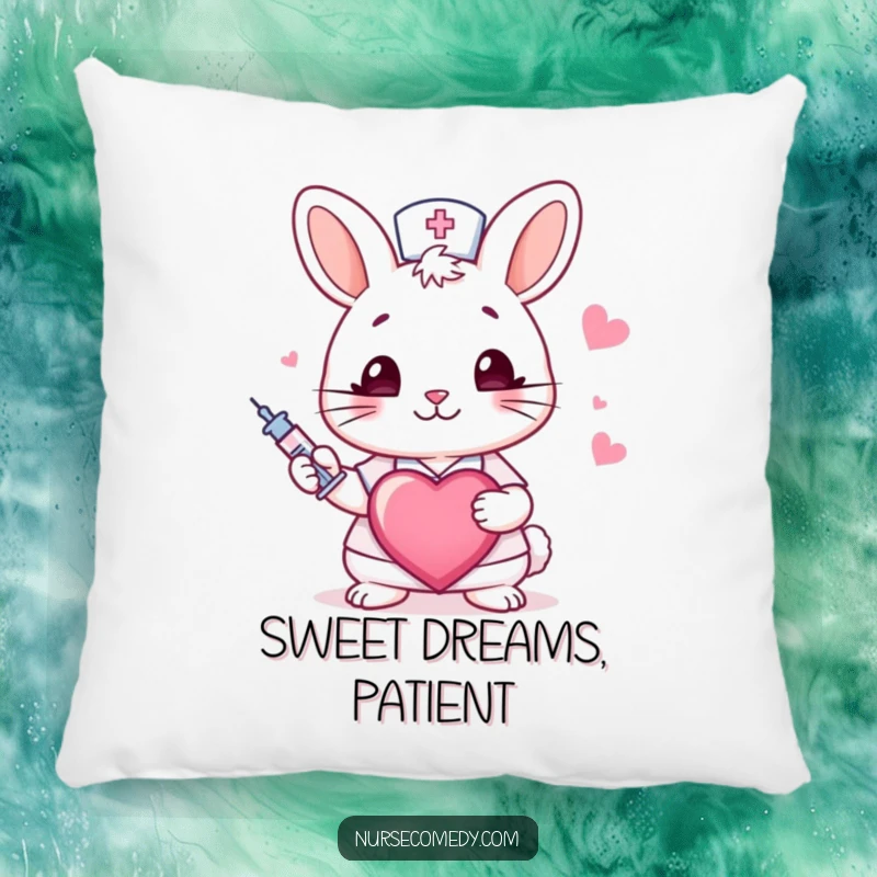 Funny rabbit nurse pillow with a winking bunny holding a syringe and heart, providing soft comfort and a humorous touch.