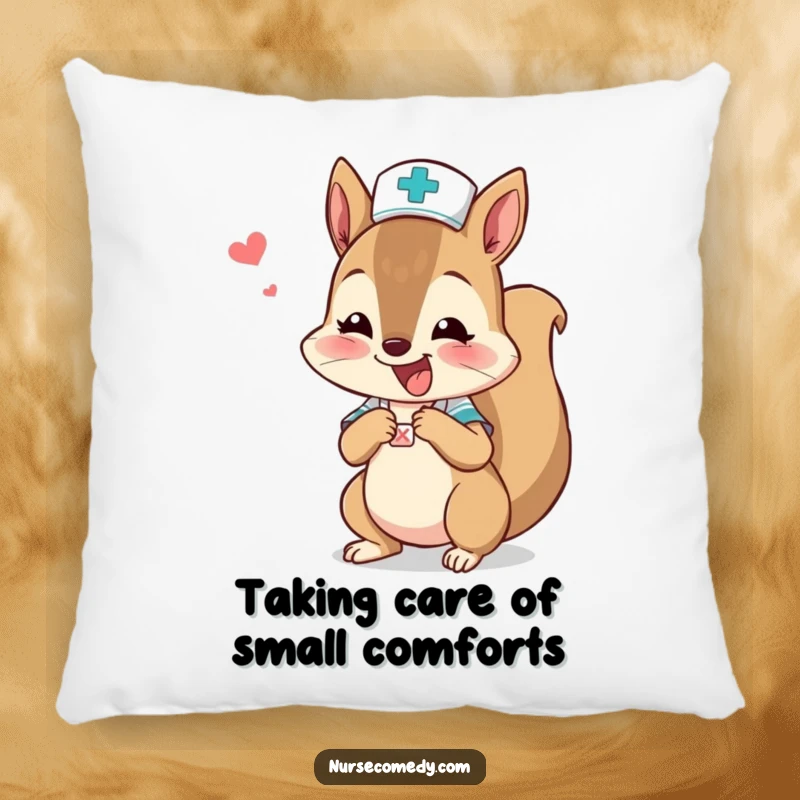 A soft pillow featuring a funny squirrel nurse character humorously bandaging a tiny boo-boo.
