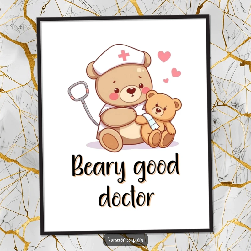Funny bear nurse digital print of a bear bandaging a teddy bear's limb, ready for instant download and humorous decor.