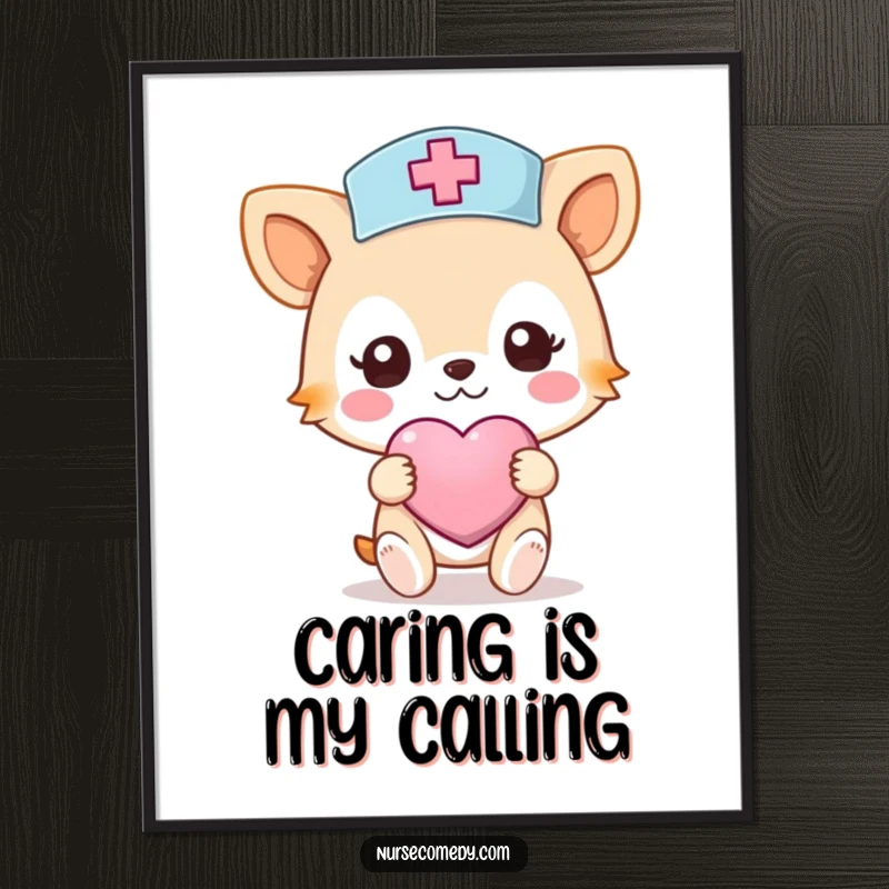 Funny Nurse Animal Digital Art Print: Illustration of a caring animal character in nurse attire holding a heart-shaped bandage.