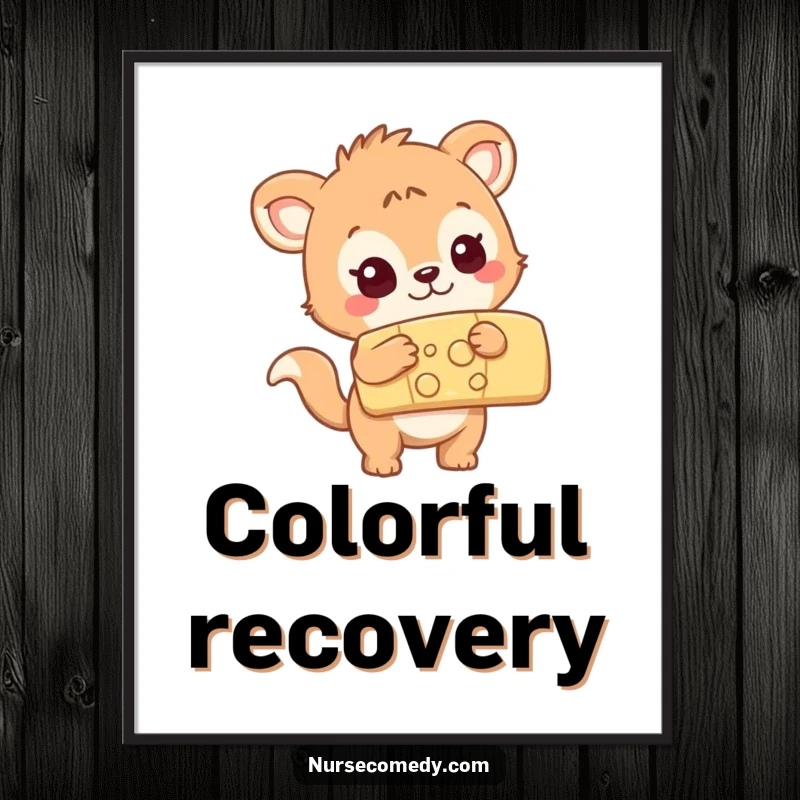 Funny curious animal character examining a large colorful bandage, digital art print, whimsical wall decor.