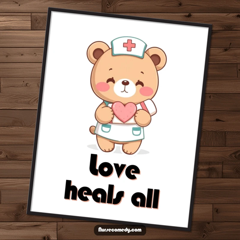 Funny Digital Art Print: A bear nurse offers a bandage with a heart. Instant heartwarming and humorous decor.