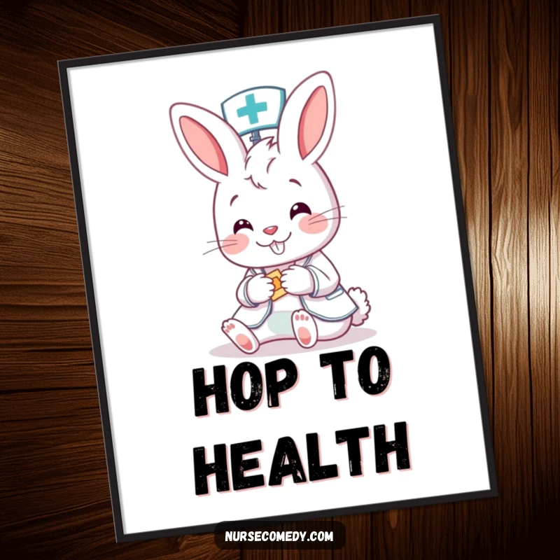 Funny Bunny Nurse Digital Art: A cute cartoon bunny nurse happily bandages a patient, creating a downloadable piece of heartwarming wall art.