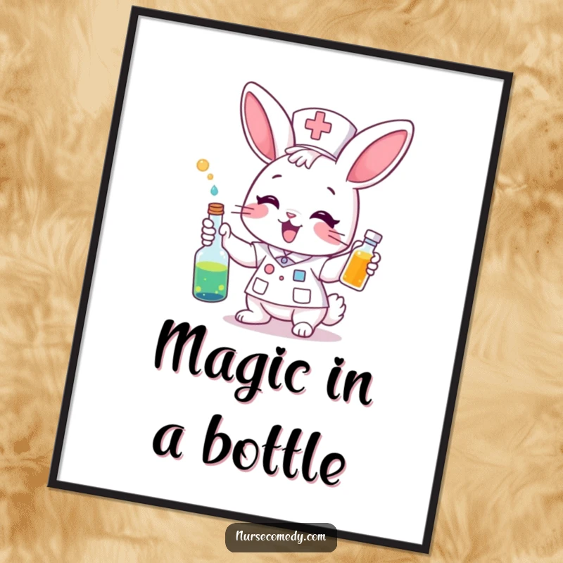 Funny Digital Art Print: An excited bunny nurse gleefully gives a colorful potion. Instant vibrant and whimsical decor.