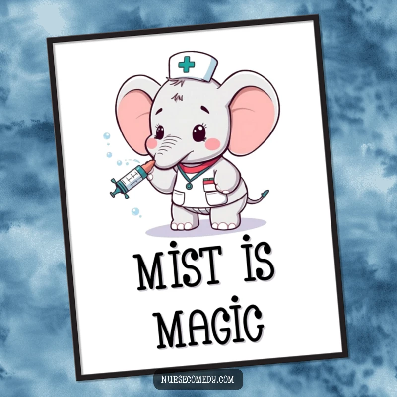Funny elephant nurse character, downloadable art print, spraying water from a syringe, conveying care and humor for digital or print use.