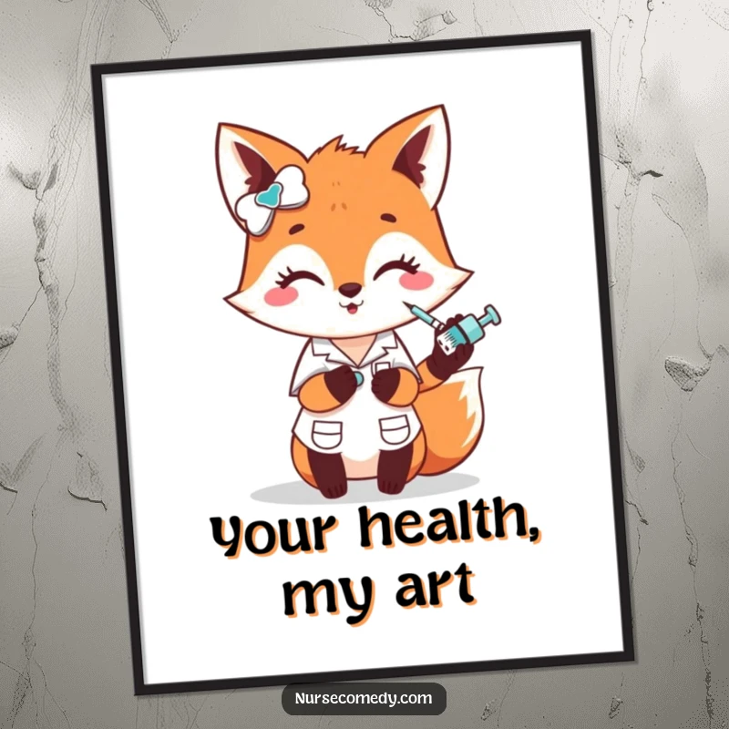 Funny fox nurse digital art print, a cute character comically giving a small poke with a tiny syringe, instant wall decor, funny gift.