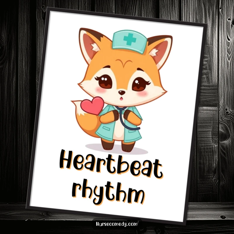 Funny Fox Nurse Digital Art Print of a curious fox with a stethoscope and heart, instant funny gift.