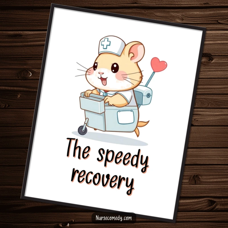 Funny hamster nurse digital art print, a hamster in nursing scrubs zipping with a medicine cart, ready for instant humorous display and speed.