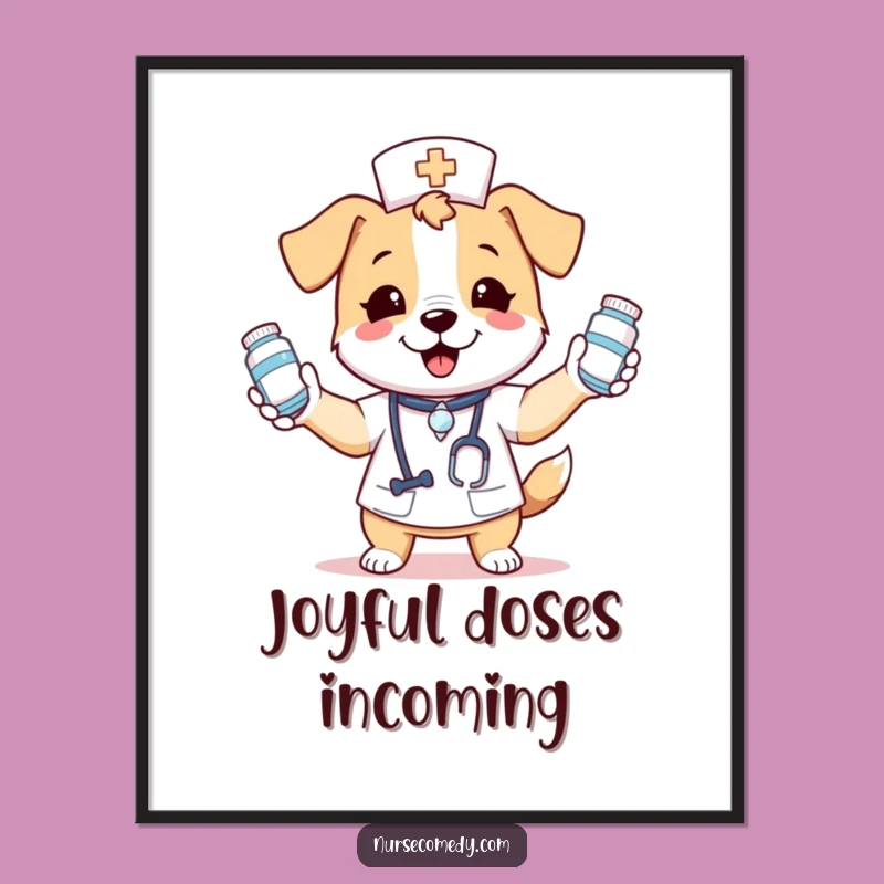 Funny Kawaii Dog Nurse Digital Art: Juggling Medicine Bottles with Glee